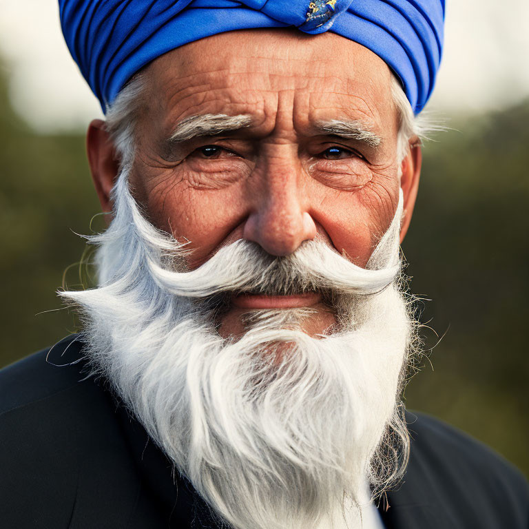 Elderly man with white beard and blue turban smiling outdoors
