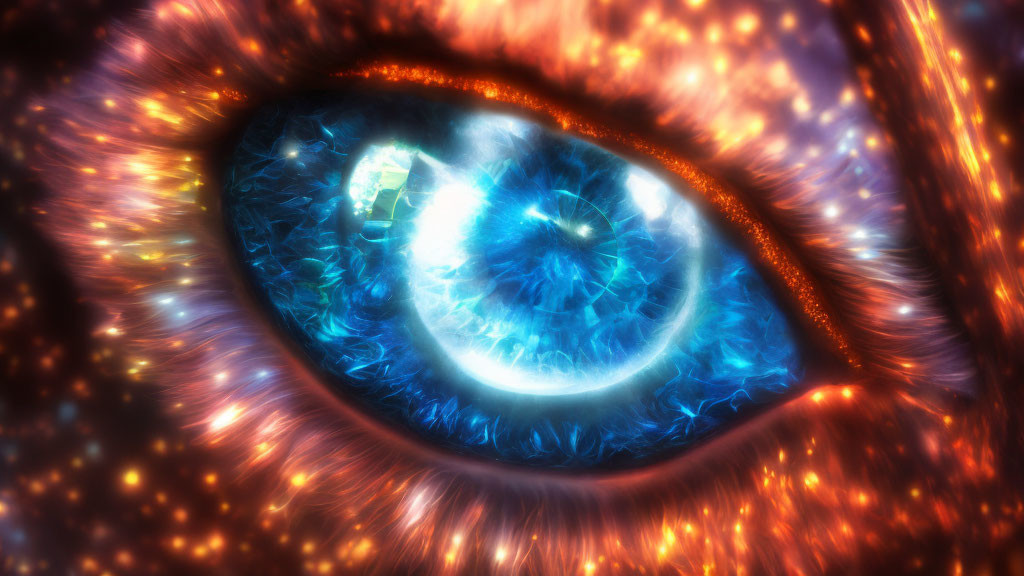 Close-up Digital Artwork: Intense Blue Iris with Fiery Orange Tones