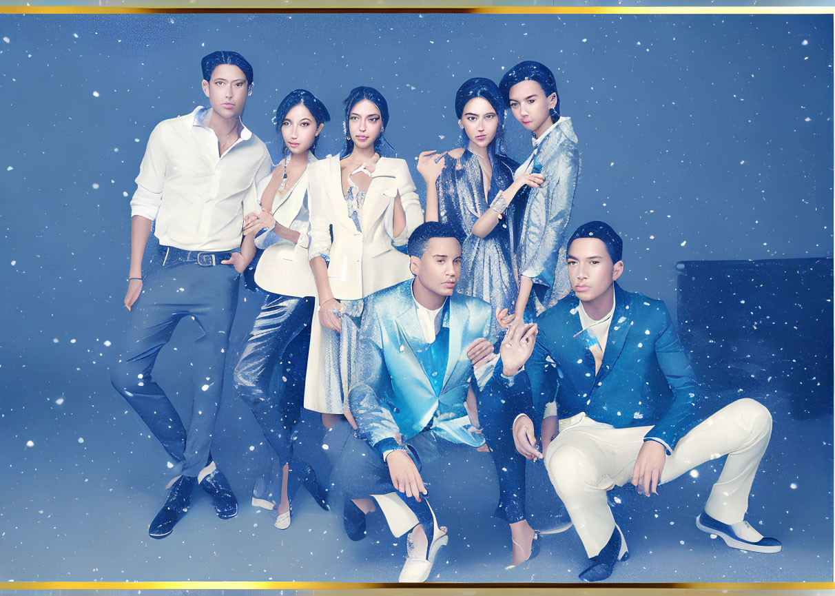 Seven Stylish Individuals in White and Blue Outfits on Starry Background