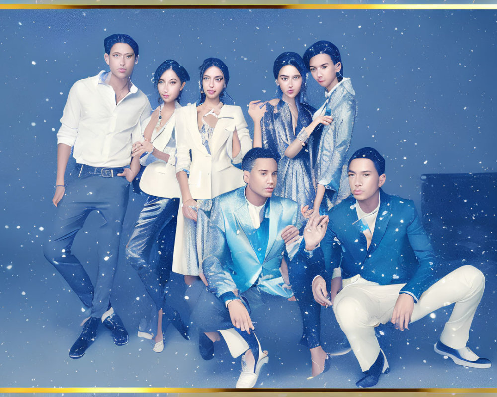 Seven Stylish Individuals in White and Blue Outfits on Starry Background