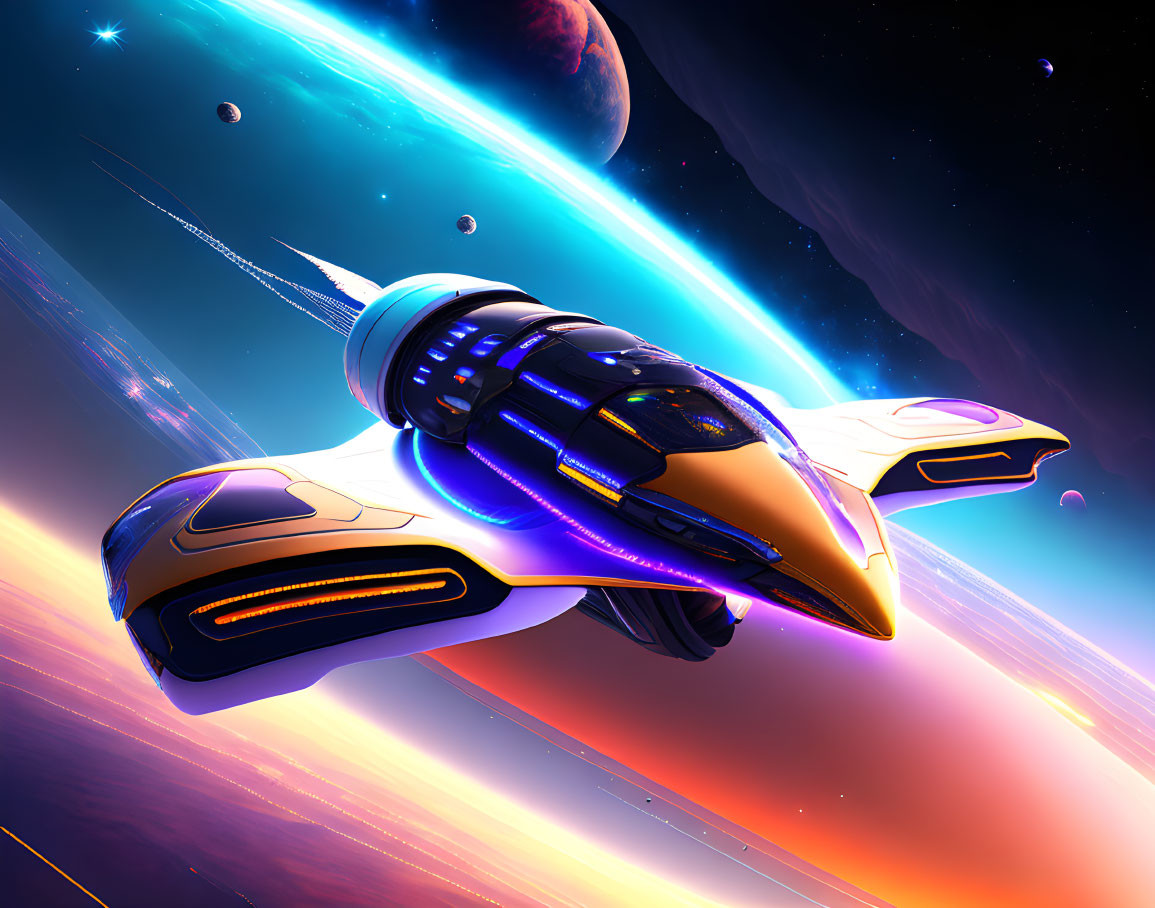 Futuristic spaceship flying in outer space with planets, stars, and colorful nebula