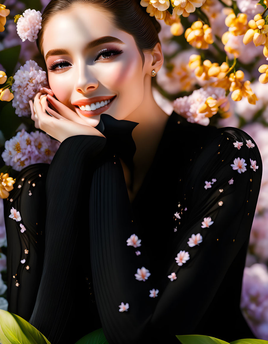 Smiling woman with glossy makeup in floral blouse among blooming flowers