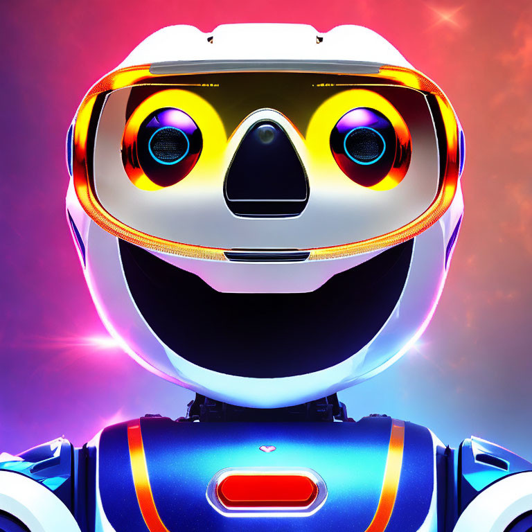 Colorful Robot Head with Friendly Smile and Digital Eyes on Vibrant Background