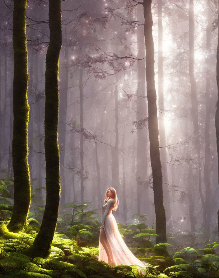 Woman in elegant gown in misty, sunlit forest with moss-covered trees