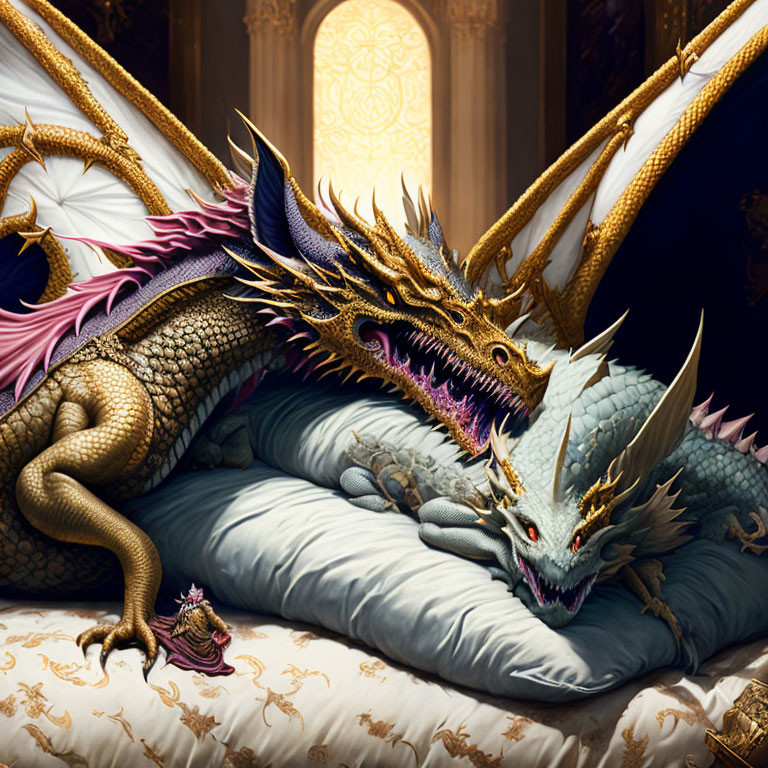 Golden and Silver Dragons on Regal Bed in Opulent Room