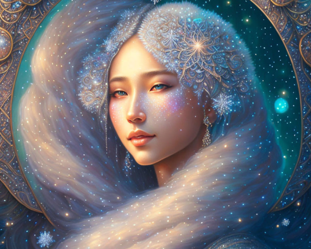 Stylized portrait of woman with cosmic aura and starry adornments