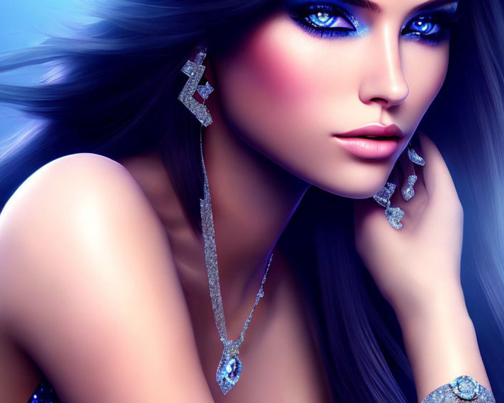 Digitally-created woman with sparkling jewelry and blue eyes on cool blue backdrop