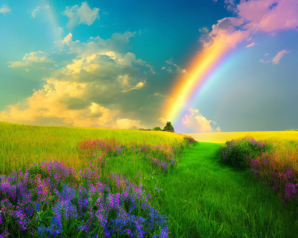 Colorful rainbow above blooming field with lone tree and sunlit sky