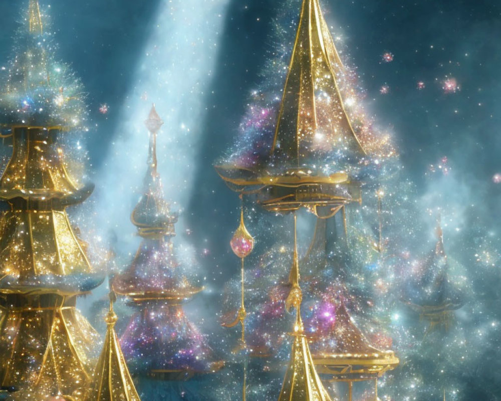 Fantastical illuminated towers in a starry night sky