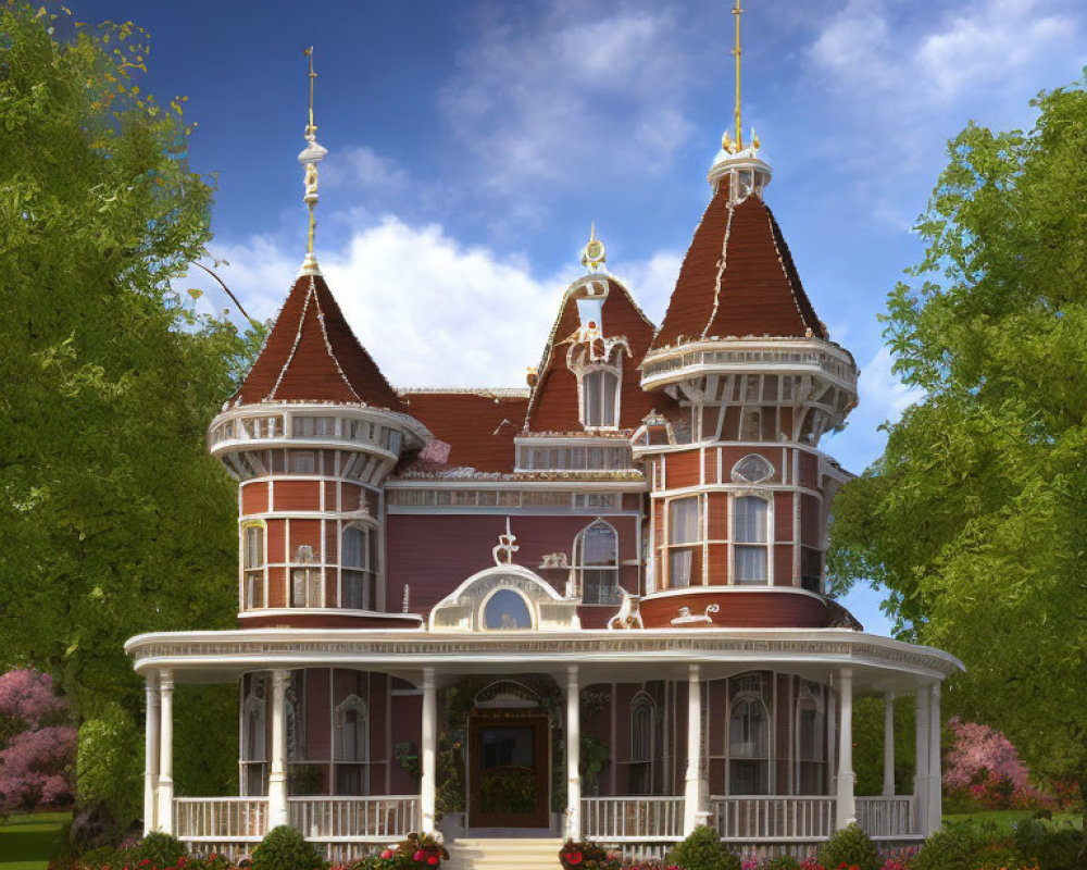 Victorian Style Mansion with Towers and Lush Gardens