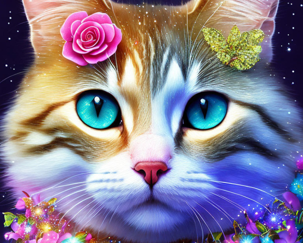 Fantastical cat digital illustration with blue eyes, pink rose, golden butterfly, celestial background, and