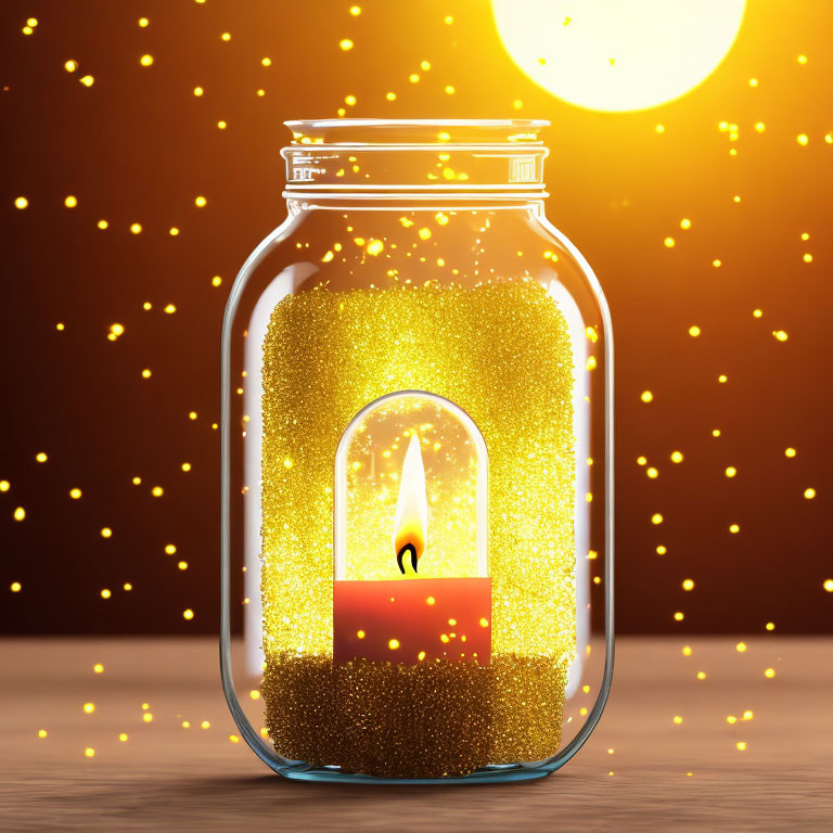 Glowing candle in golden glitter jar with bokeh lights and warm light source
