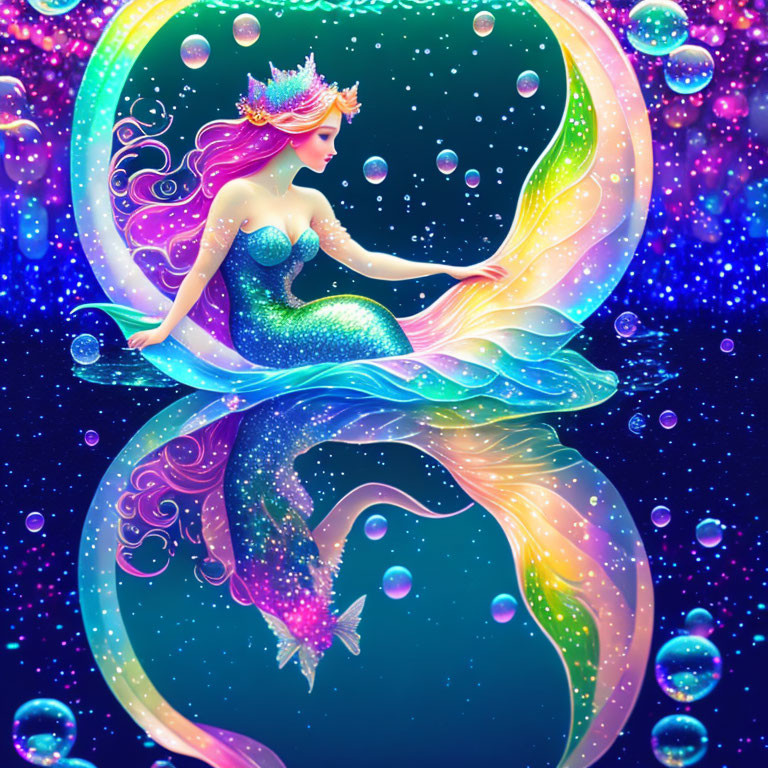 Colorful Mermaid Illustration with Seashell Crown and Sparkling Tail