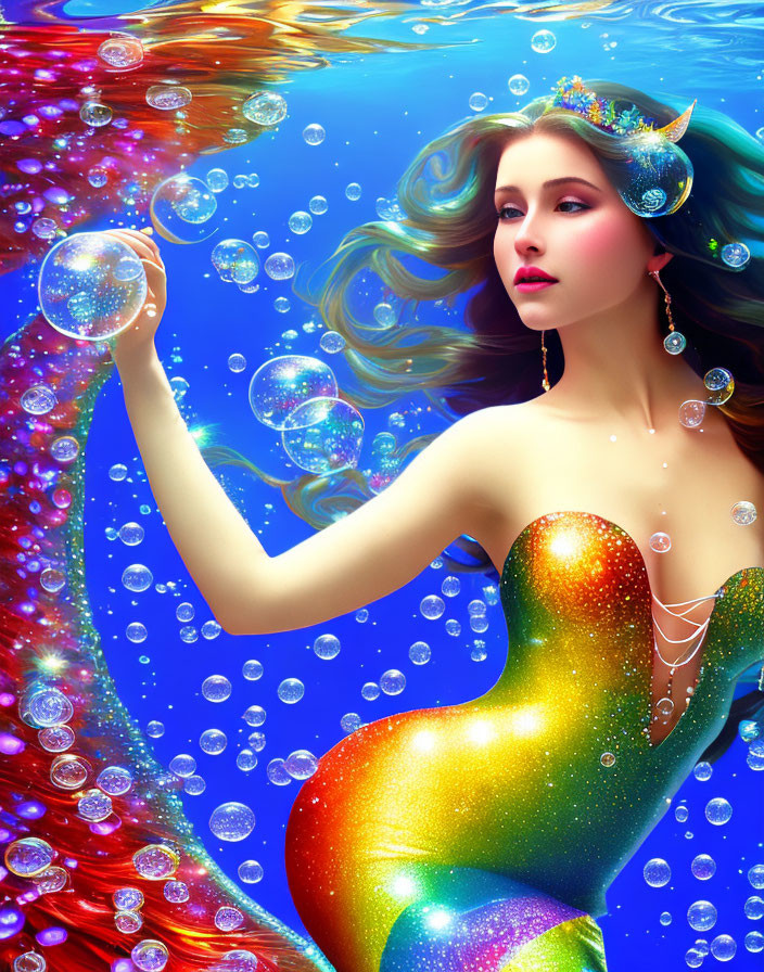 Colorful Mermaid Illustration with Rainbow Tail and Hair in Underwater Scene