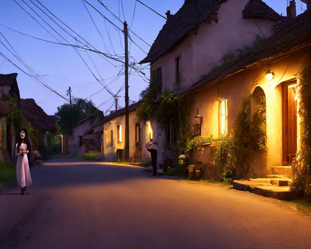Peaceful village street at evening with warm glowing lights and person walking.