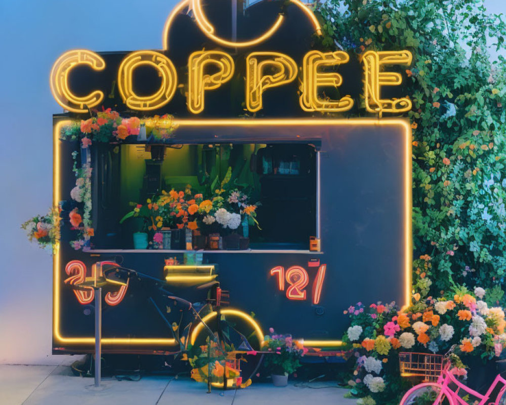 Neon-adorned coffee kiosk with flowers and bicycle in twilight
