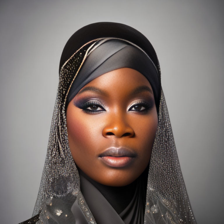 Portrait of person with headscarf, dramatic eye makeup, and sparkling details.