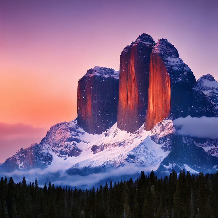 Alpenglow illuminates rock formations against pink and purple sky