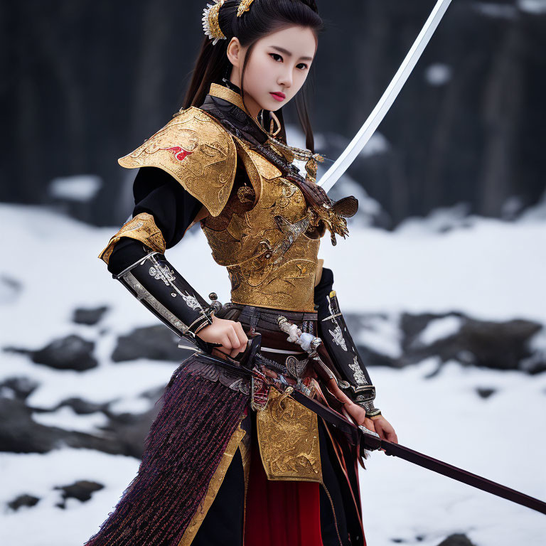 Female warrior in ornate armor wields sword in snowy landscape