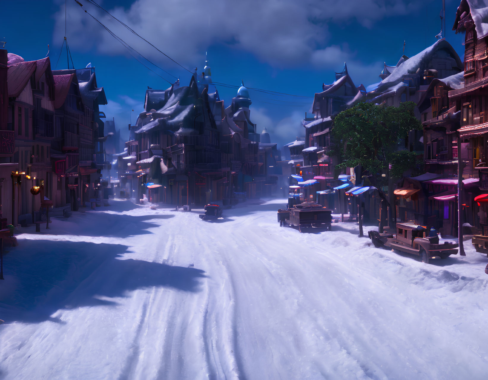Snow-covered village street with illuminated buildings under twilight sky