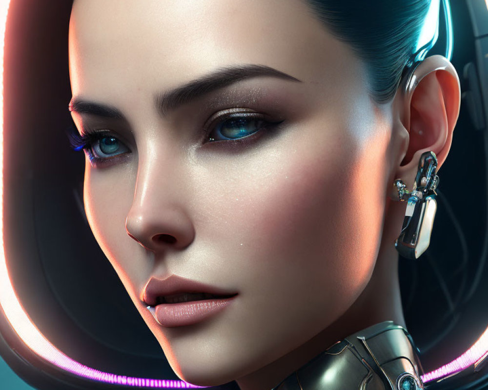 Female Android with Metallic Neck and Futuristic Headset