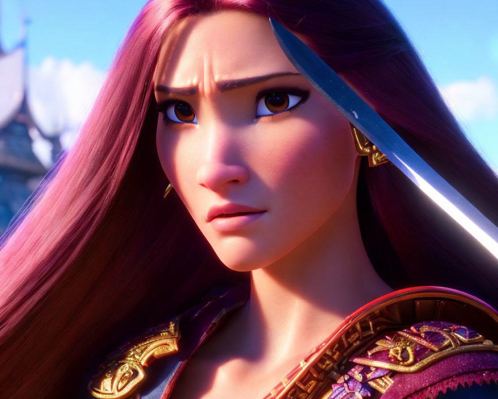 Detailed Close-Up of 3D-Animated Female Character in Purple Armor