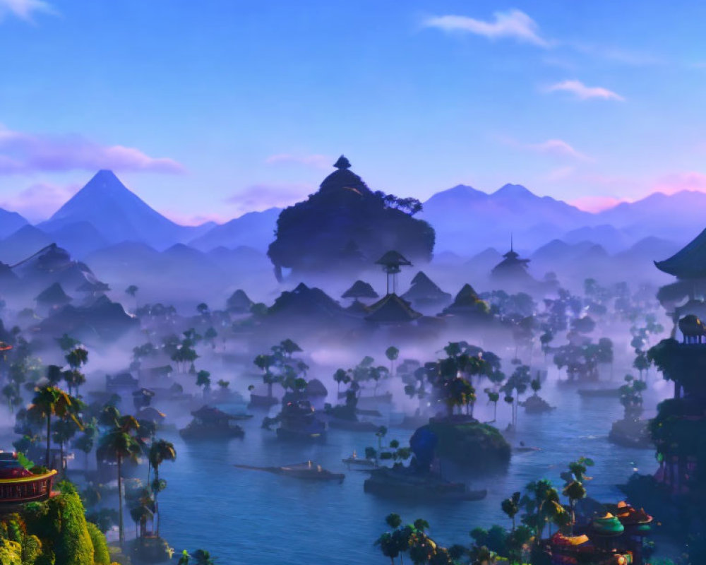Tranquil Asian landscape with forested islets, bridges, and mountains at twilight