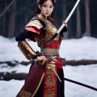 Female warrior in ornate armor wields sword in snowy landscape