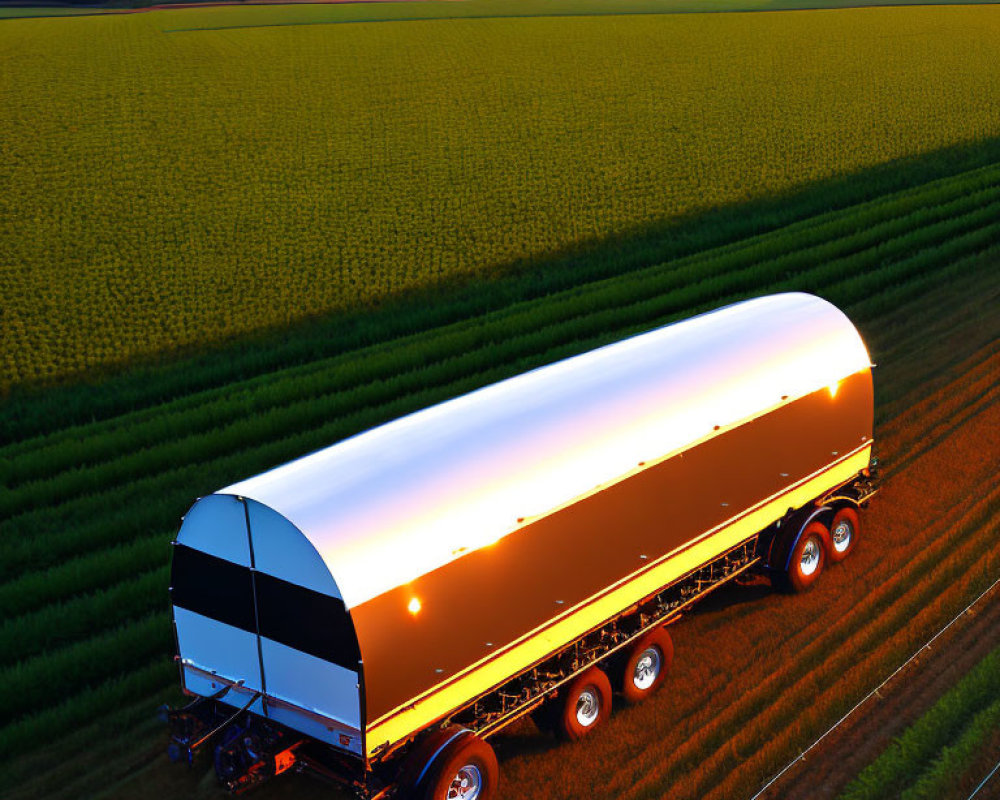 Sunset scene: Polished tanker truck in farmland with green and golden fields