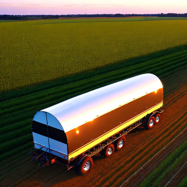 agricultural trailer on a corn field at sunset