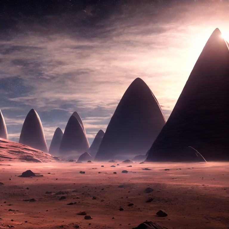 Surreal extraterrestrial landscape with dark monoliths under red sky