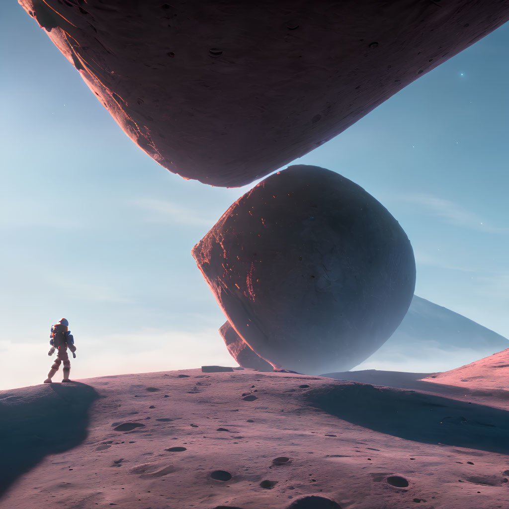 Astronaut explores alien world with towering boulders under dusky sky