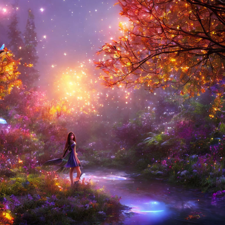 Enchanted woman in dress by glowing stream amid vibrant flora