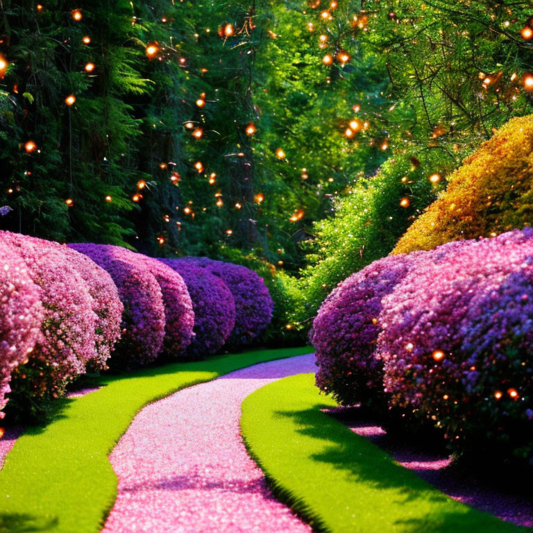 Colorful Garden Path with Purple and Pink Flowering Bushes