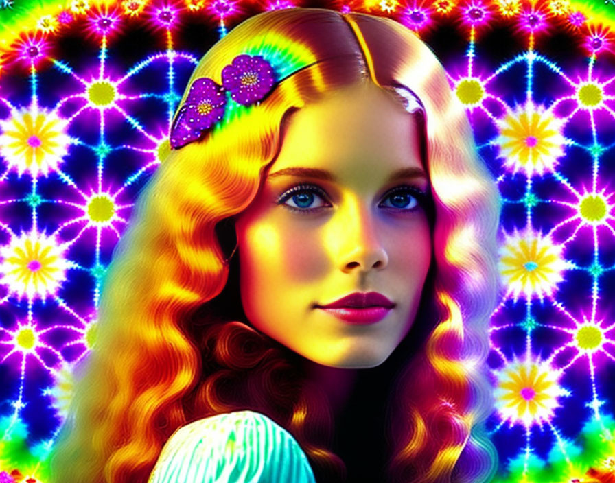 Colorful Portrait of Woman with Blonde Hair on Psychedelic Background