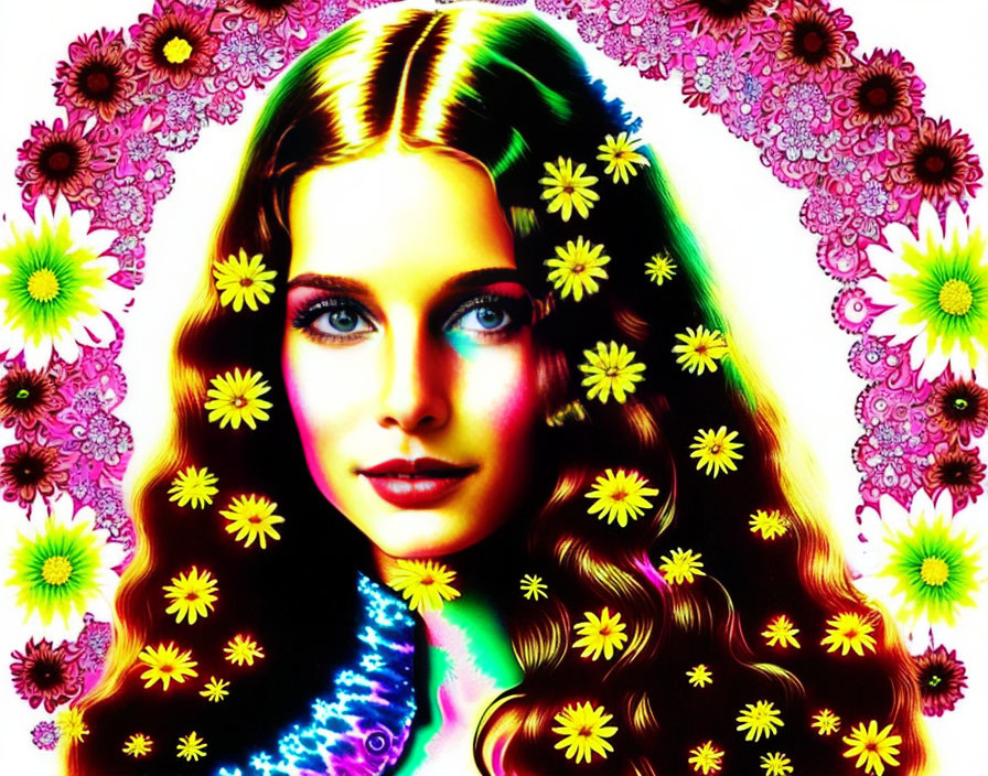 Vibrant psychedelic artwork of woman with blue eyes and long hair