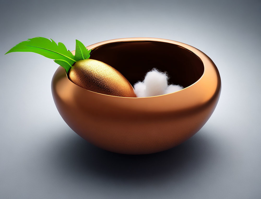 Bronze spherical bowl with gold fruit, green leaf, and white cotton tuft
