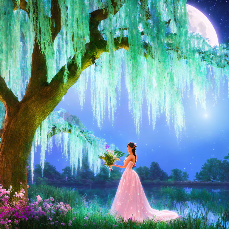 Woman in pink gown under willow tree by moonlit lake