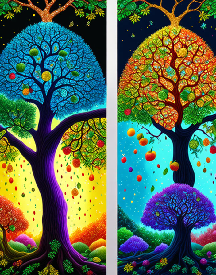 Split image of vibrant stylized trees in various colors against day and night background