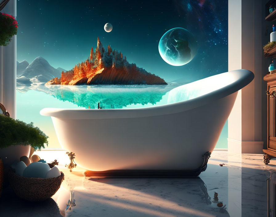 Surreal bathtub room with cosmic landscape and floating island