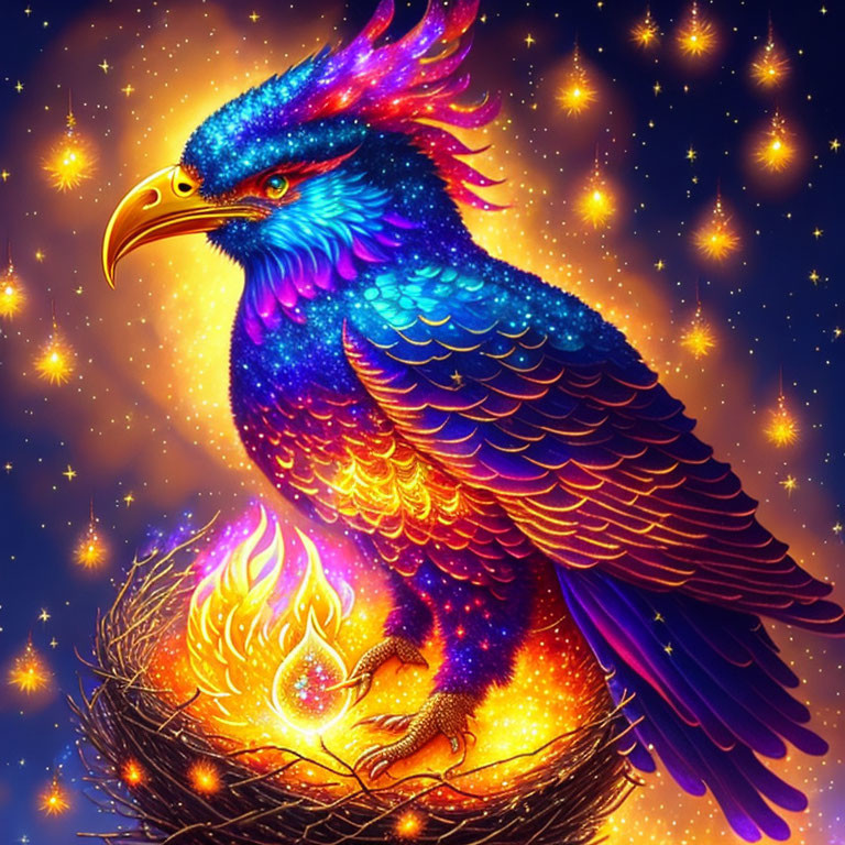 Colorful mythical phoenix perched on flaming nest in cosmic setting