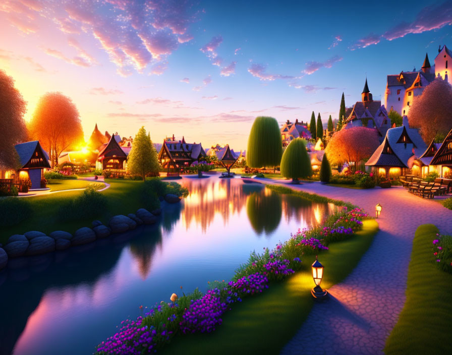 Tranquil fantasy village with castle, gardens, and river at twilight