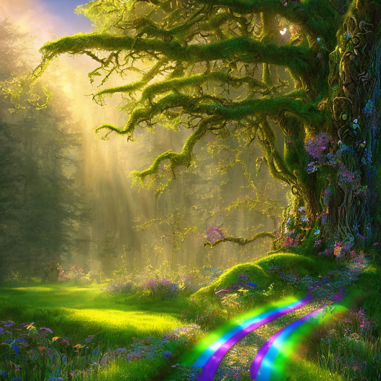 Enchanted forest with moss-covered trees and rainbow.