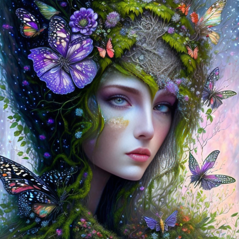 Vibrant butterfly wings on female figure with lush greenery and colorful flowers.