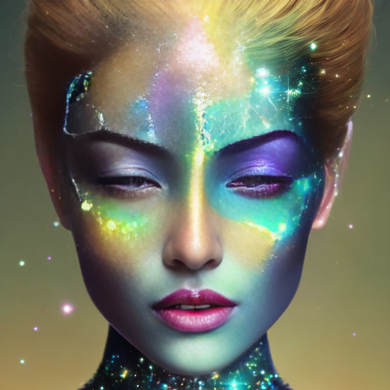 Colorful cosmic-themed makeup portrait of a woman with sparkling stars.
