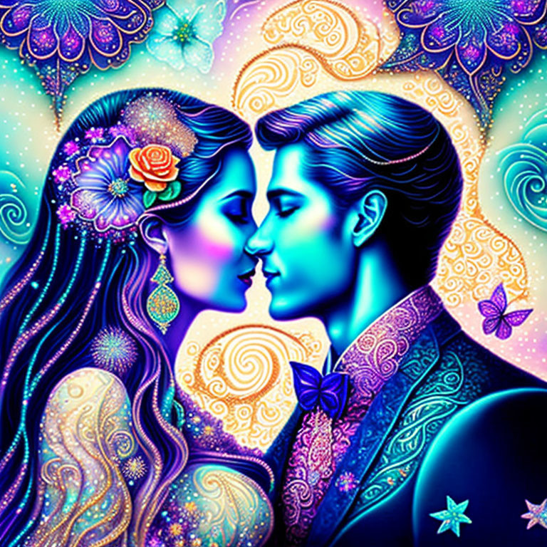 Colorful illustration of man and woman in ornate setting with butterflies
