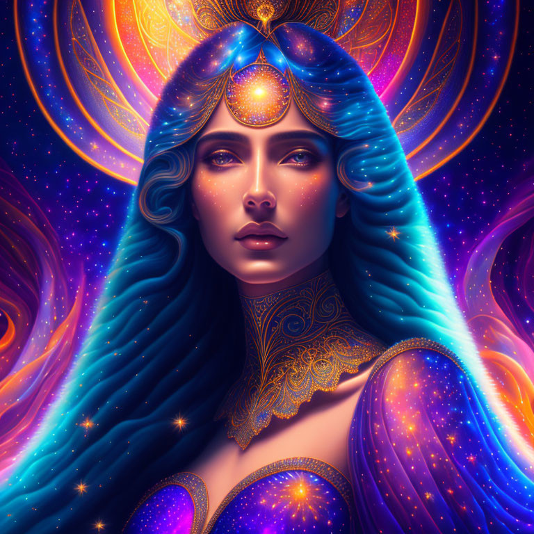 Illustration of Woman with Blue Hair and Cosmic Theme