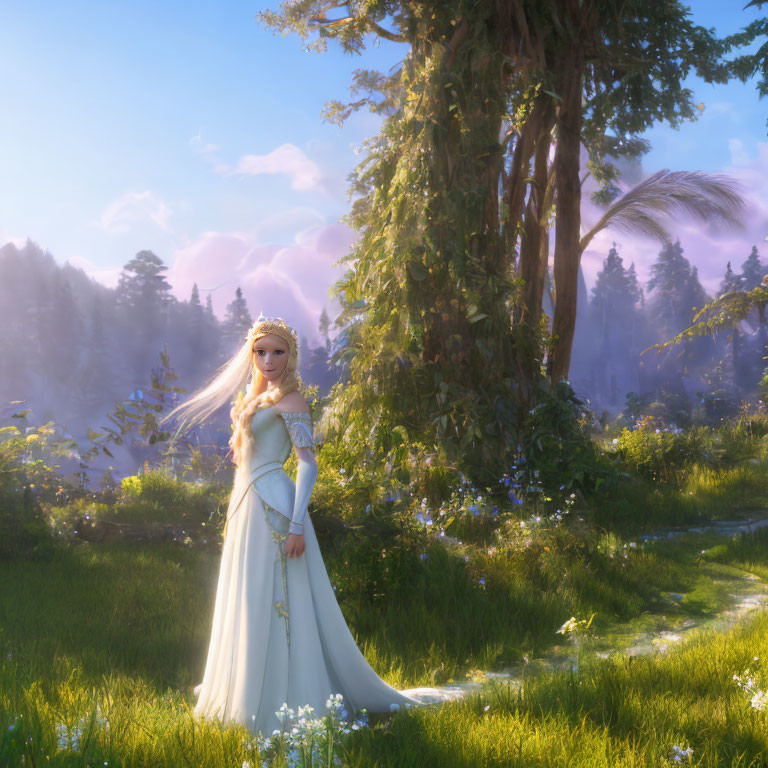 Regal woman in white dress and crown in serene fantasy setting