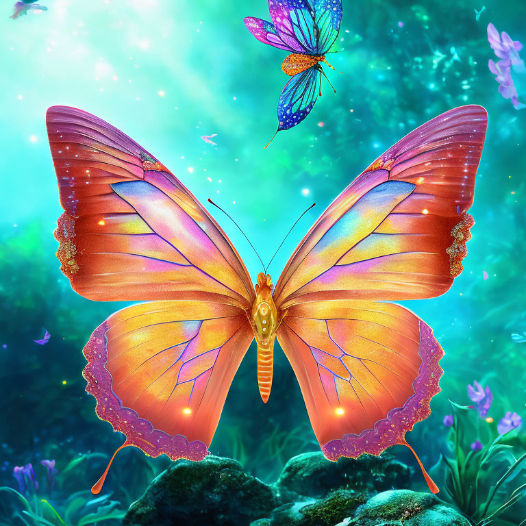 Colorful digital artwork: Oversized pink and orange butterfly underwater with smaller butterfly