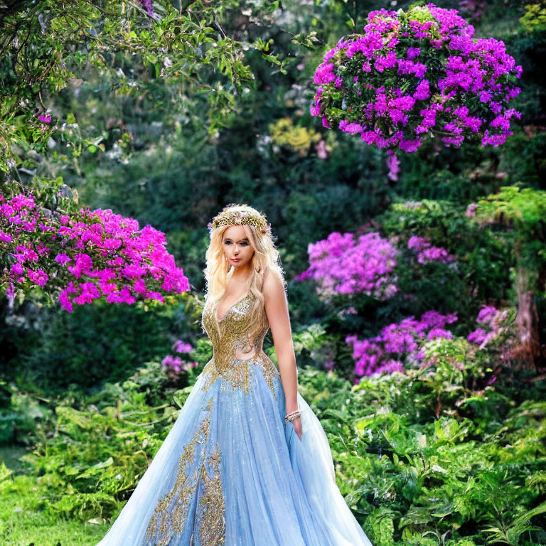 Elegant woman in blue and gold dress in vibrant garden setting
